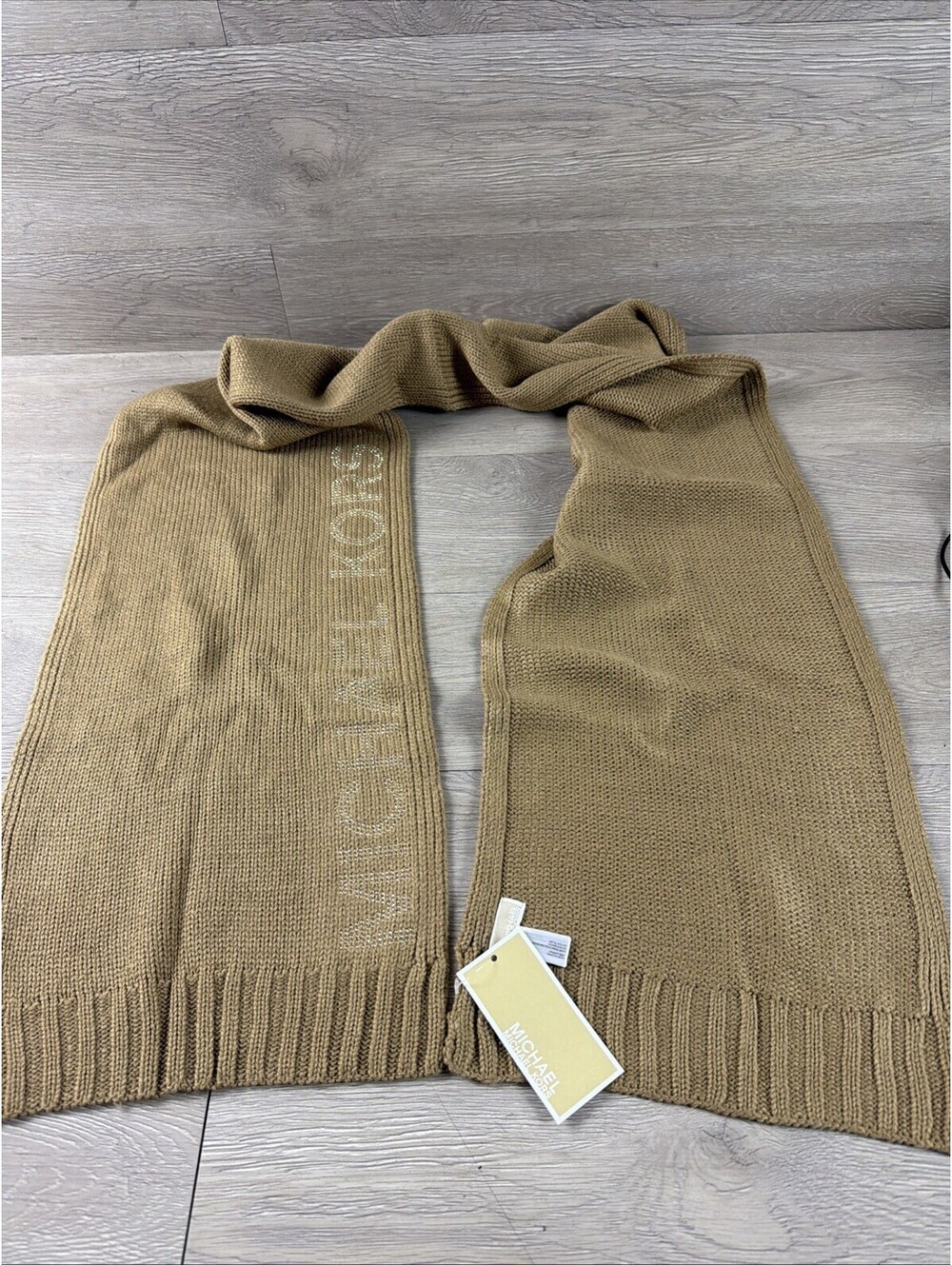 Michael Kors Scarf Womens One Size MK Logo Bedazzled Knit NWT Tan